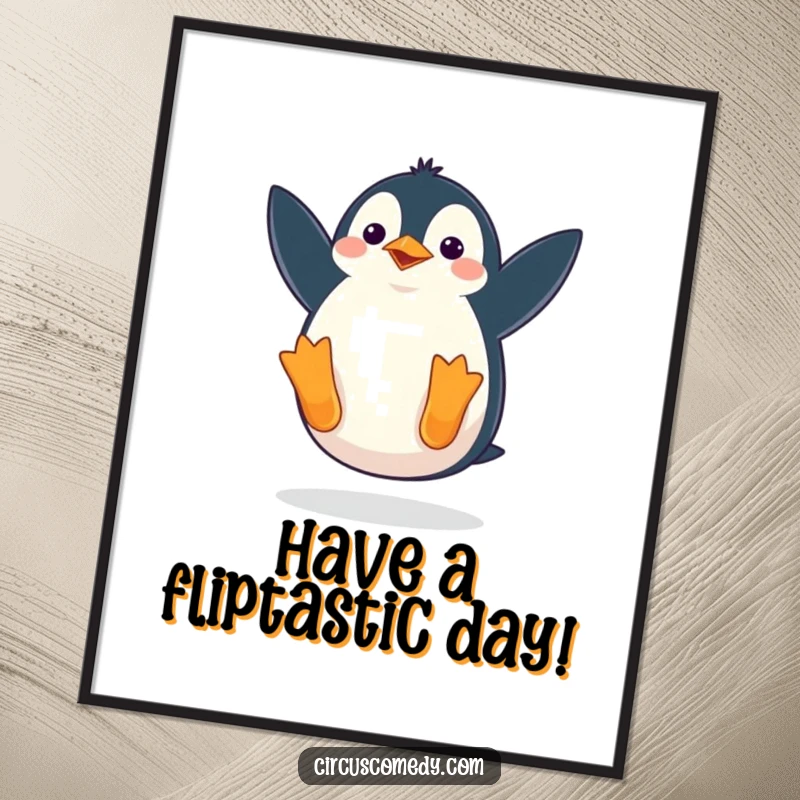 Funny free printable wall art of a waddling penguin caught mid-comical somersault, bringing playful energy and unique decor.