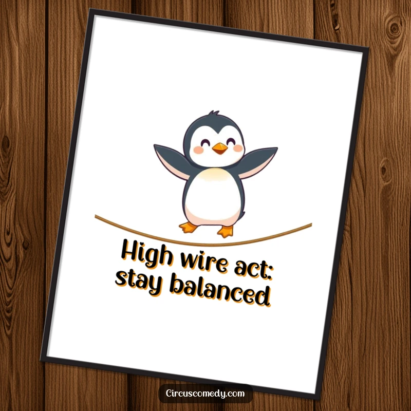 Funny Free Printable Wall Art: A curious penguin precariously walks a tightrope, wings outstretched, showcasing balance and charm.