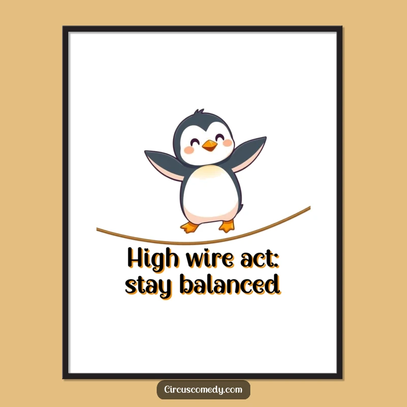 Free Printable Penguin Tightrope Walker Art: Funny Curious Performer Downloadable Wall Decor
