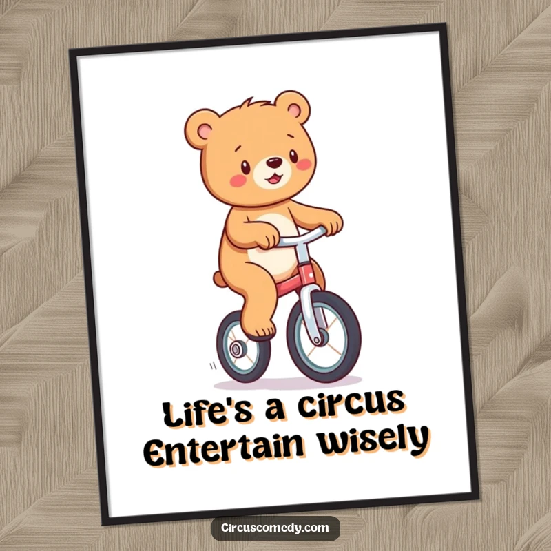 Funny free printable wall art: A playful bear confidently riding a unicycle, adding a touch of circus fun to your room.