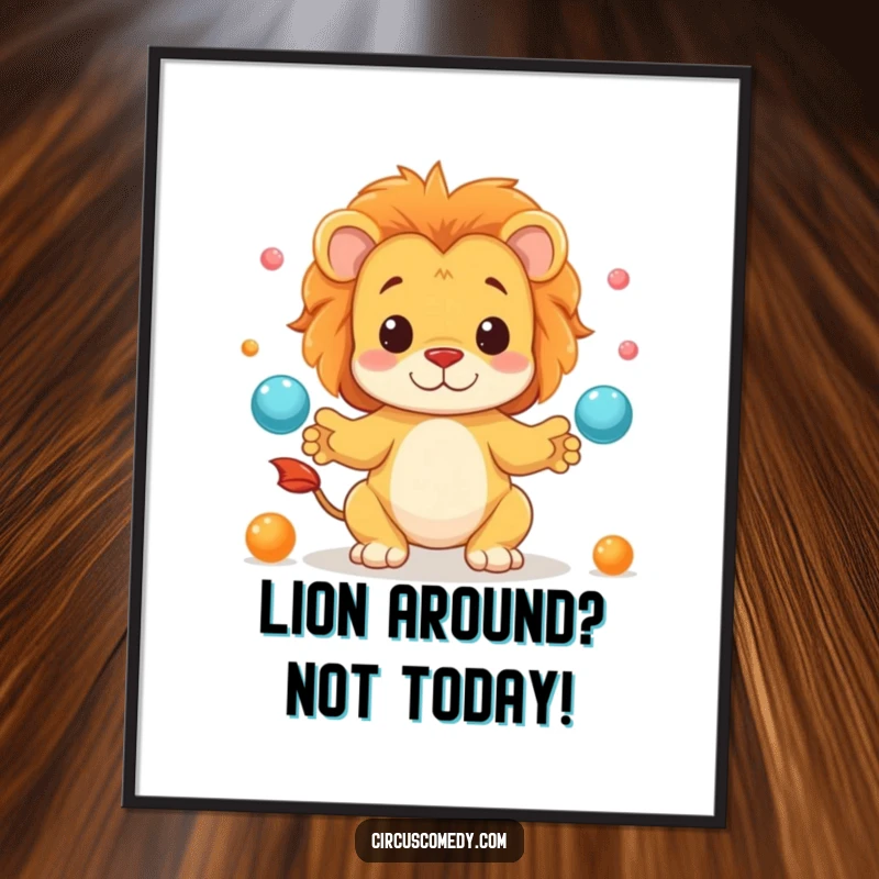 Funny Free Printable Wall Art: A cute lion skillfully juggling tiny balls, creating a whimsical and humorous display.