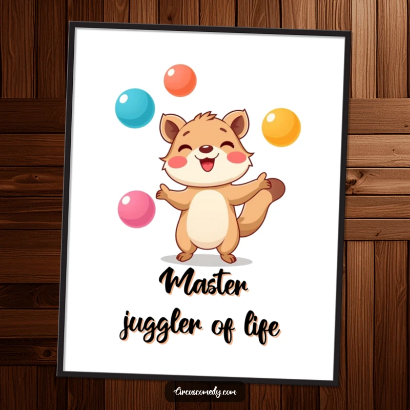 Funny Free Printable Wall Art: Smiling animal intently juggling colorful balls, a vibrant and skillful piece for decor.