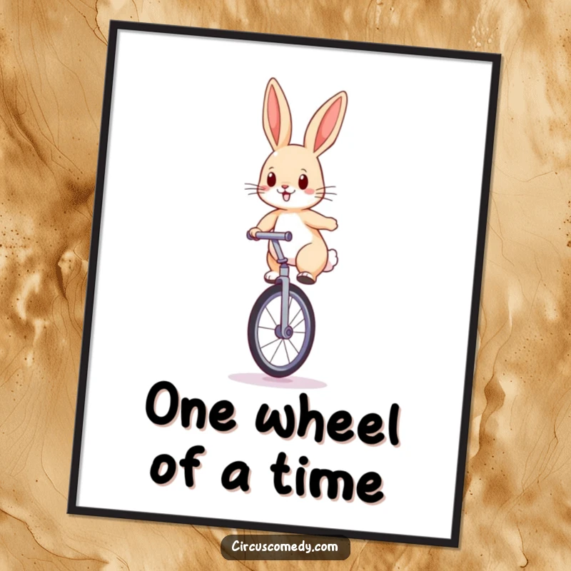 Funny Free Printable Wall Art: Determined rabbit balancing expertly on a large unicycle, ears perked high.