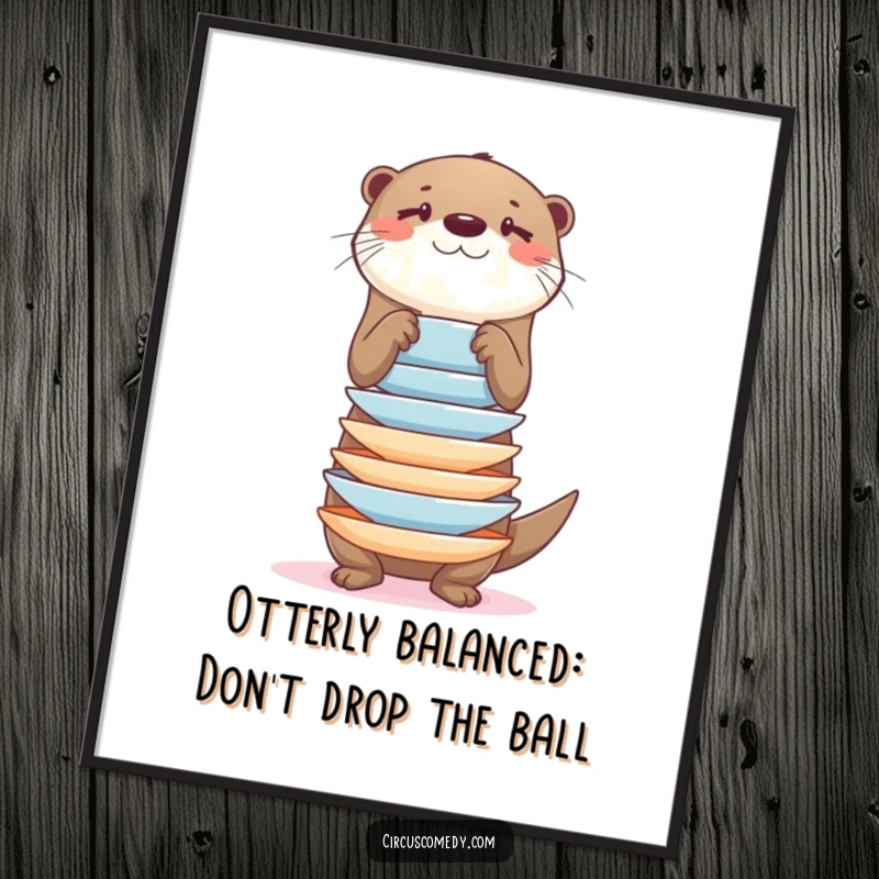 Whimsical Free Printable otter art showing an otter balancing a huge stack of plates, playful decor.
