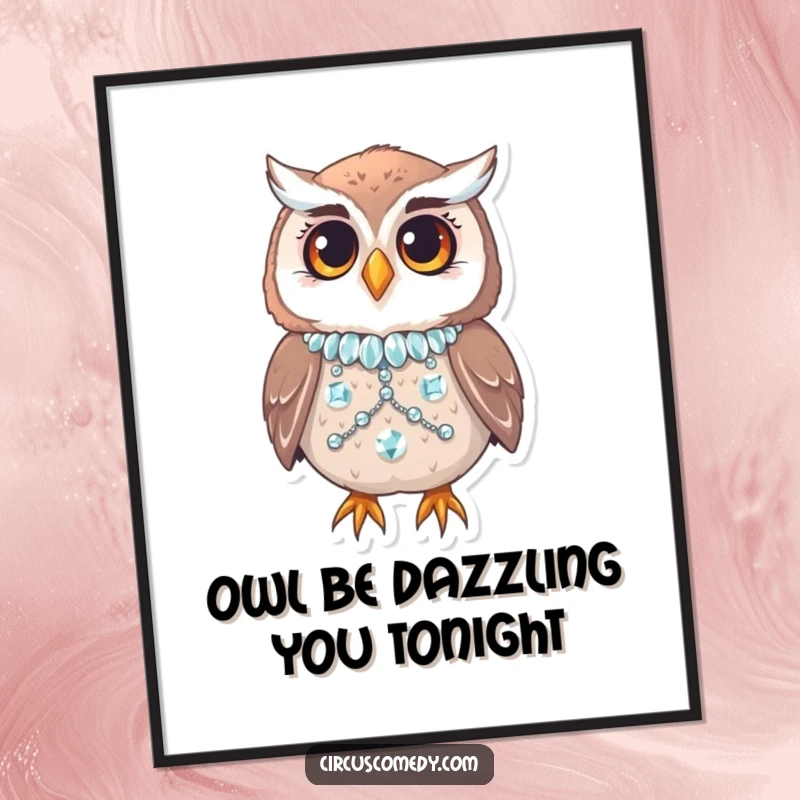 Whimsical Free Printable owl art featuring a curious owl in a sequined costume, blinking playfully.