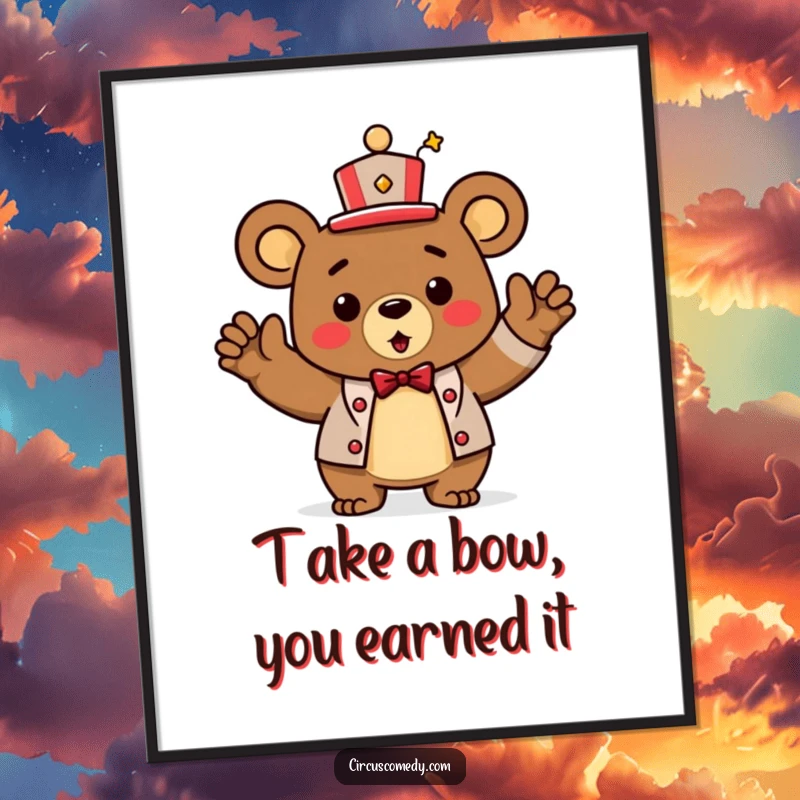 Funny Free Printable Wall Art: A triumphant bear character in a ringmaster hat takes a bow, exuding charisma.