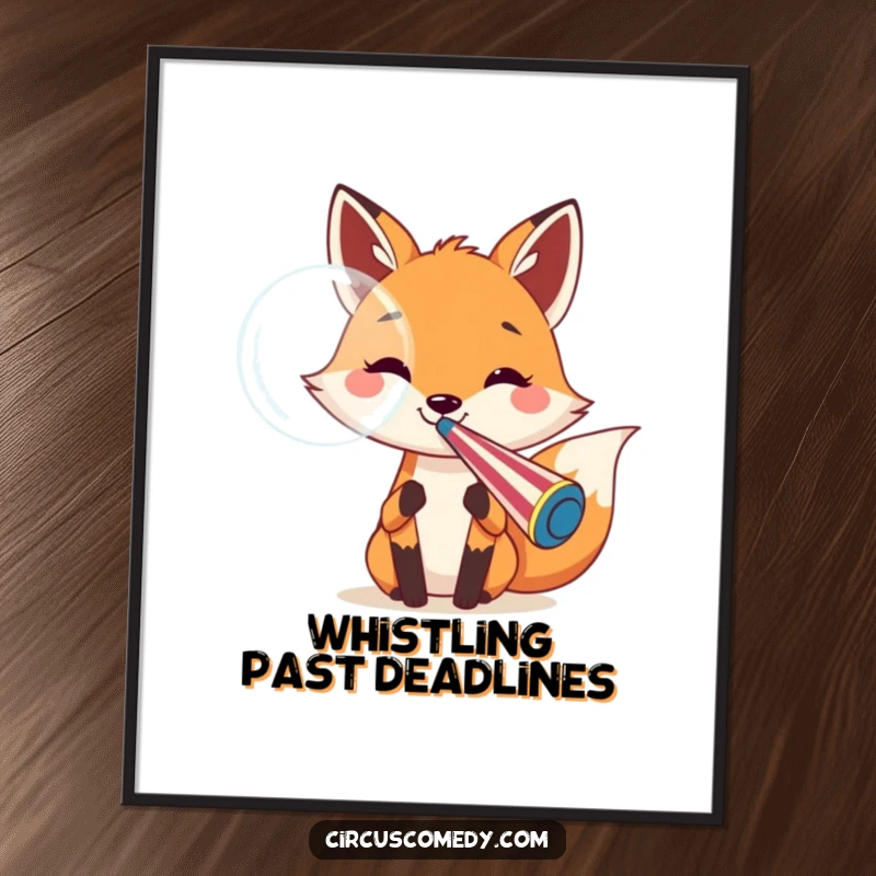 Funny Free Printable Wall Art: A cheerful fox blows a huge bubble from a giant circus whistle with a happy expression.