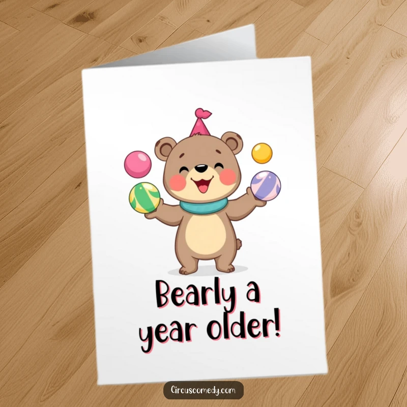Funny Free Printable Birthday Card: Cute bear happily juggling circus balls, delivering birthday cheer with a huge grin.