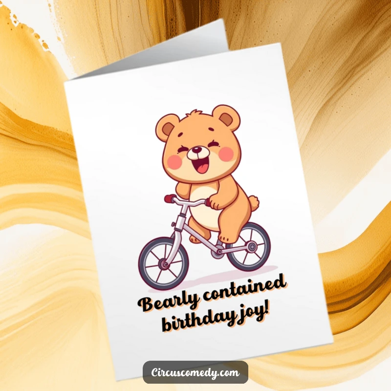 Funny Free Printable bear with a huge smile, expertly balancing on a unicycle for a birthday.