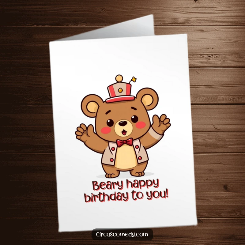 Funny Free Printable Bear Birthday Card: A triumphant bear in a ringmaster hat takes a bow after a great show.