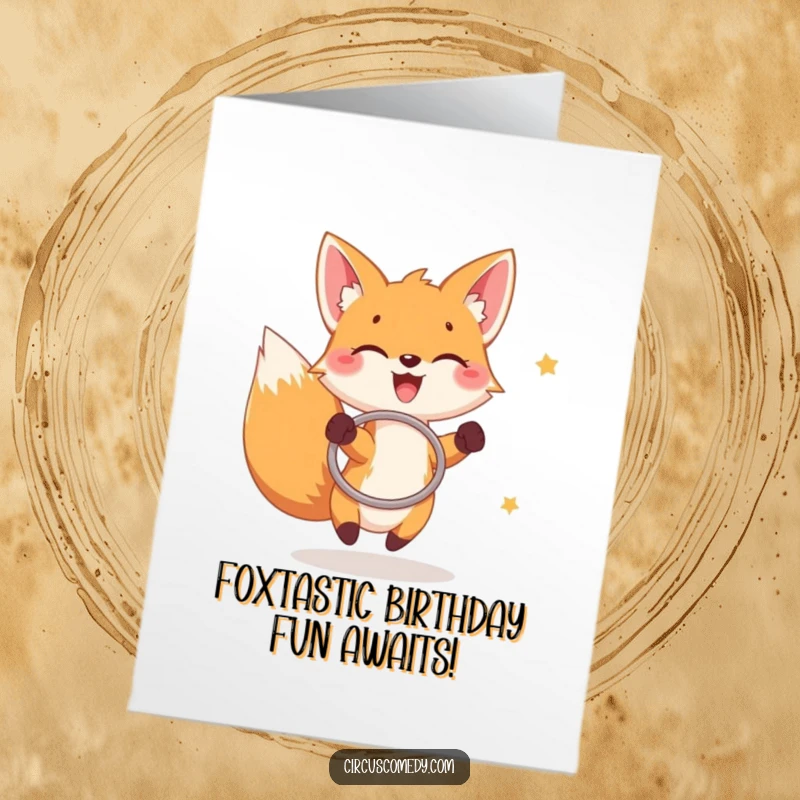 Funny Free Printable Birthday Card: Joyful fox skillfully catching rings with a hoop, celebrating a special day.