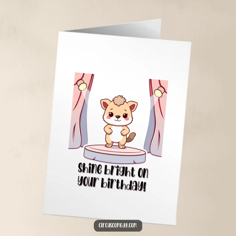 Funny Free Printable Birthday Card: A brave animal stands tall and proud on a small stage, basking in spotlight.