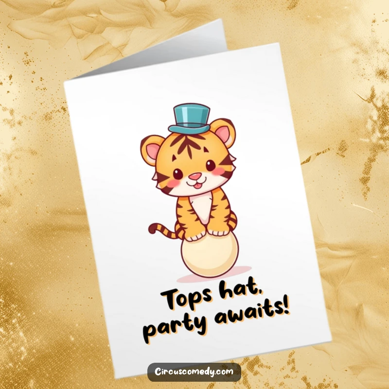 Funny Free Printable Birthday Card: Tiger in a tiny top hat balancing precariously on a ball, ready to entertain.