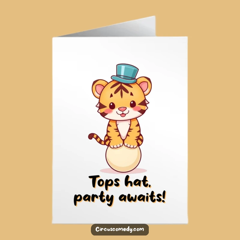 Free Printable Birthday Card: Funny Tiger Top Hat Balancing Act Downloadable Gift