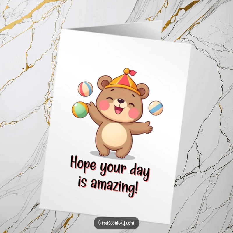 Funny Free Printable Birthday Card: Cute bear happily juggling multiple colorful circus balls with a wide grin.
