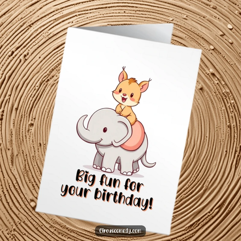 Funny Free Printable Birthday Card: A joyful squirrel happily rides atop a large elephant, celebrating with immense cheer.