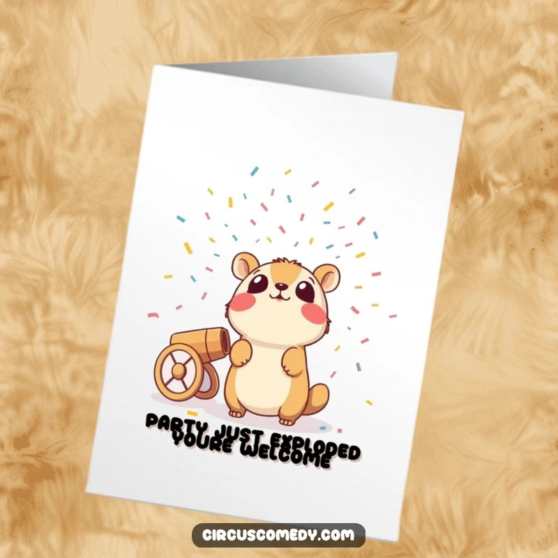 Funny Free Printable Birthday Card: A shocked animal recoils from a confetti cannon blast, perfect for a sudden surprise.