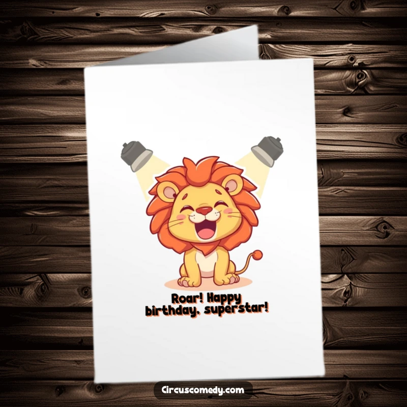 Funny Free Printable Lion Birthday Card: A delighted lion playfully roars in a bright spotlight, ready to party.