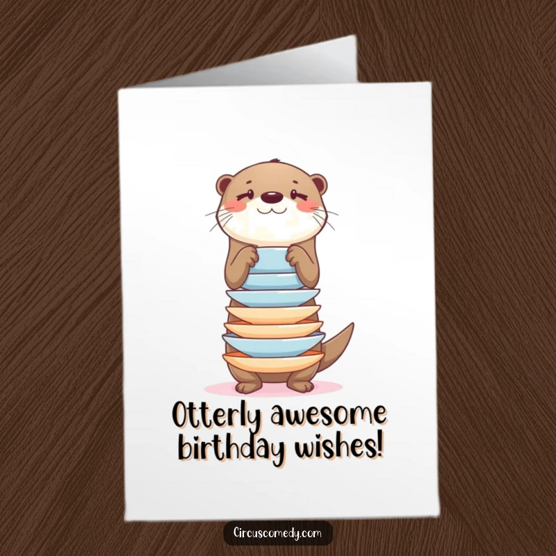 Funny Free Printable otter skillfully balancing a tall stack of plates, perfect for birthday wishes.