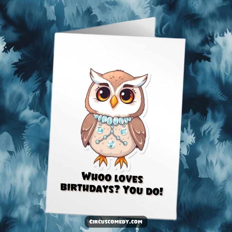 Funny Free Printable owl in a sparkly sequined costume, blinking curiously for a birthday.