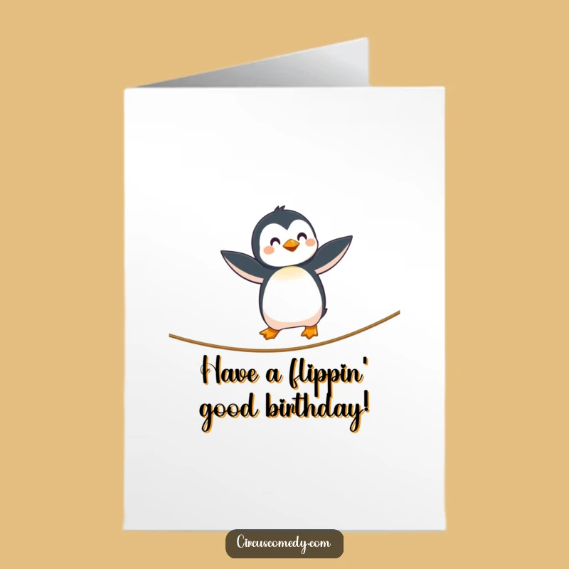 Free Printable Penguin Tightrope Birthday Card: Funny Balance Downloadable Gift