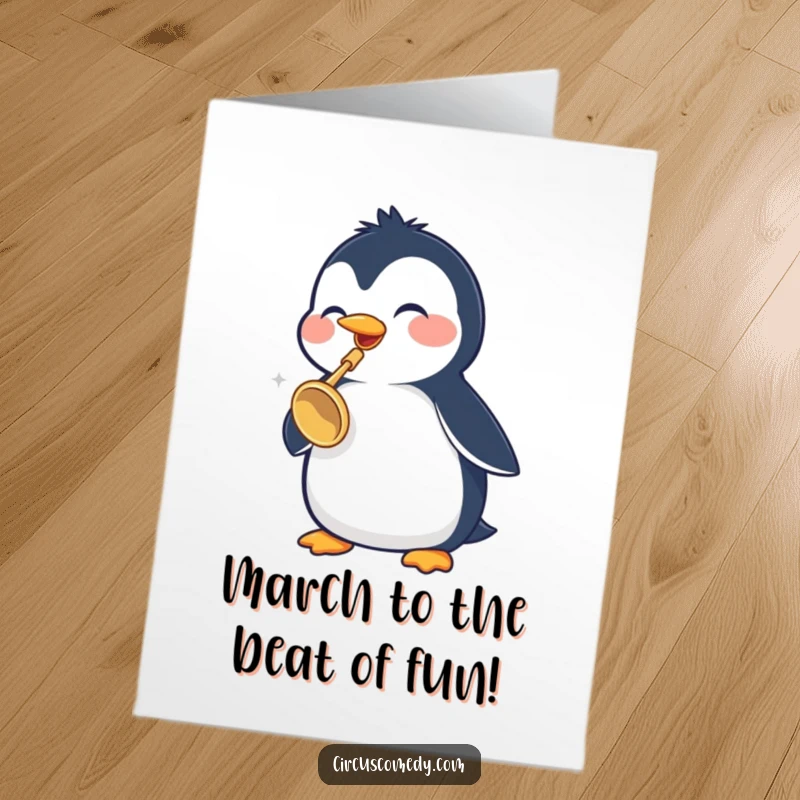 Funny Free Printable Birthday Card featuring a cheerful penguin playing a tiny trumpet with joy and musical flair.