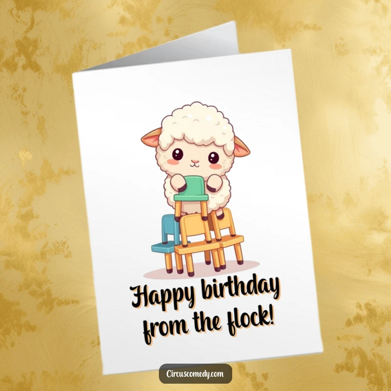 Funny Free Printable Birthday Card: Fluffy sheep precariously balances a tall stack of tiny chairs, celebrating with humor.