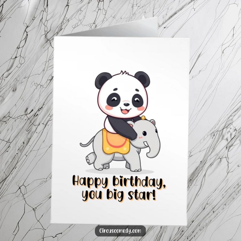 Funny free printable birthday card featuring a smiling panda joyfully riding a tiny circus elephant, spreading whimsical delight.