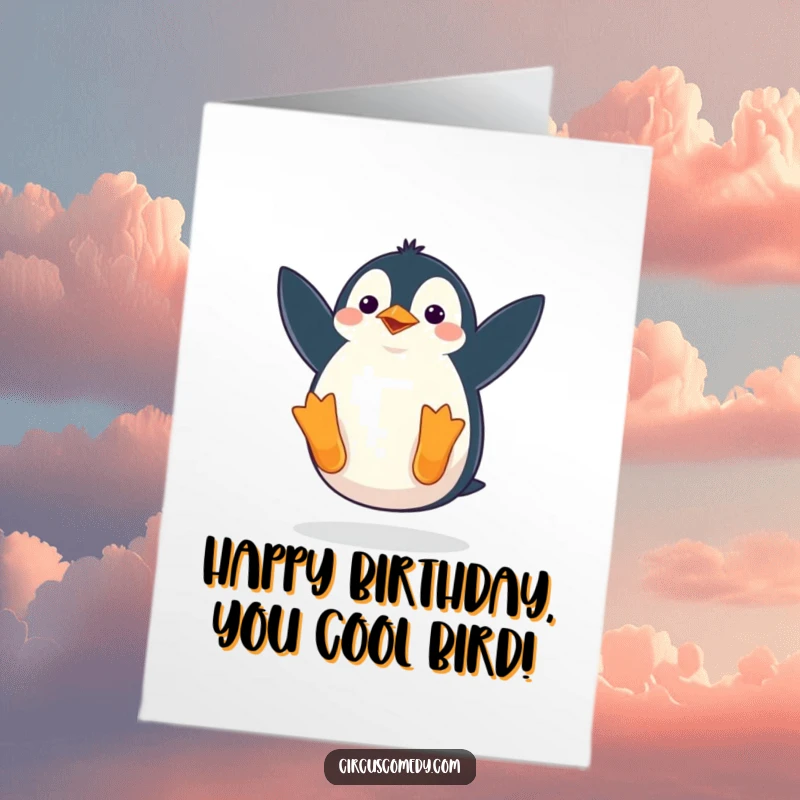 Funny free printable birthday card featuring a waddling penguin hilariously mid-somersault, spreading joy and laughter.