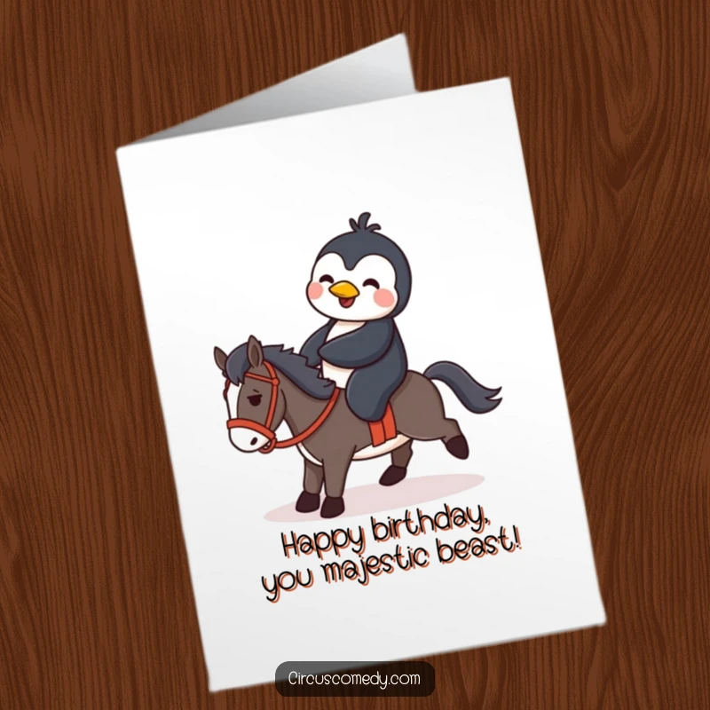 Funny Free Printable Birthday Card: Playful penguin hilariously tries to balance on a miniature horse, creating birthday amusement.