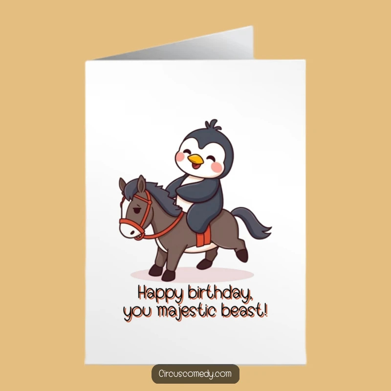 Free Printable Birthday Card: Penguin Rides Tiny Horse - Funny Downloadable Gift