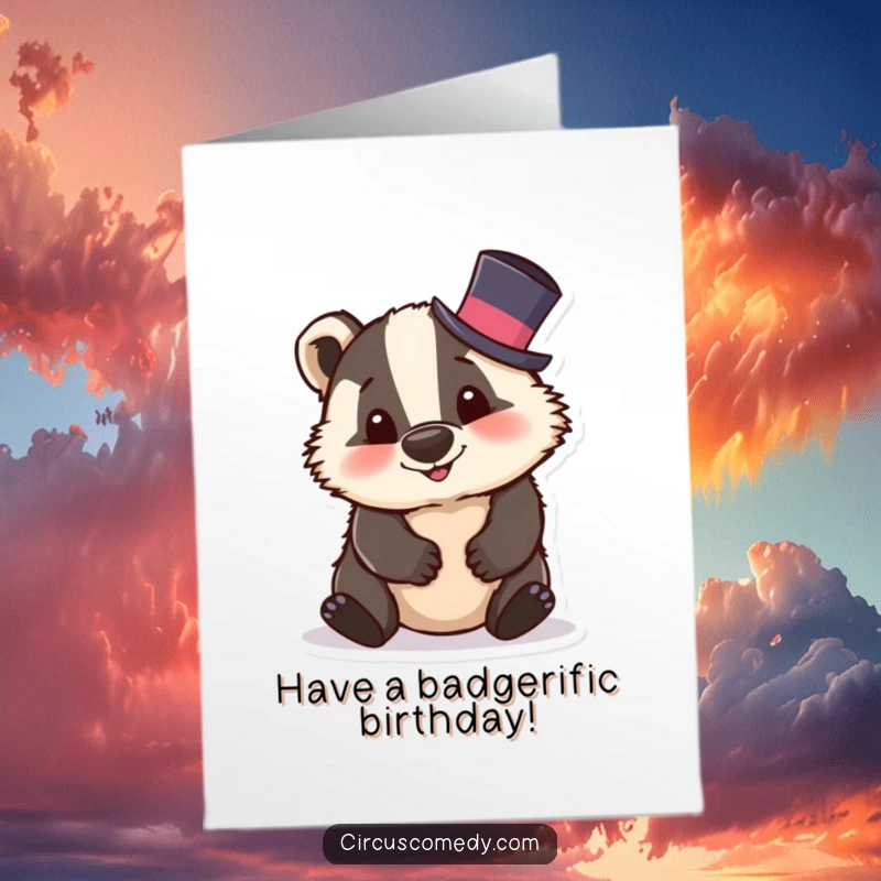 Funny Free Printable Birthday Card: A silly badger in a tiny top hat is happily tumbling, celebrating your birthday.