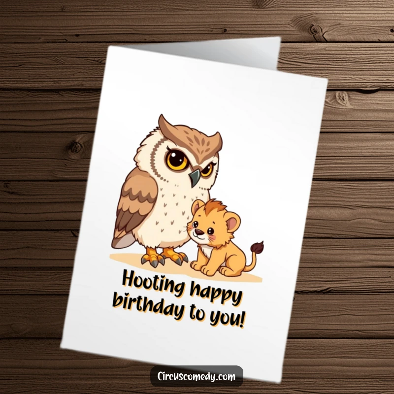 Funny free printable birthday card: a wise owl bravely attempts to gently tame a mischievous, tiny lion cub, full of character.