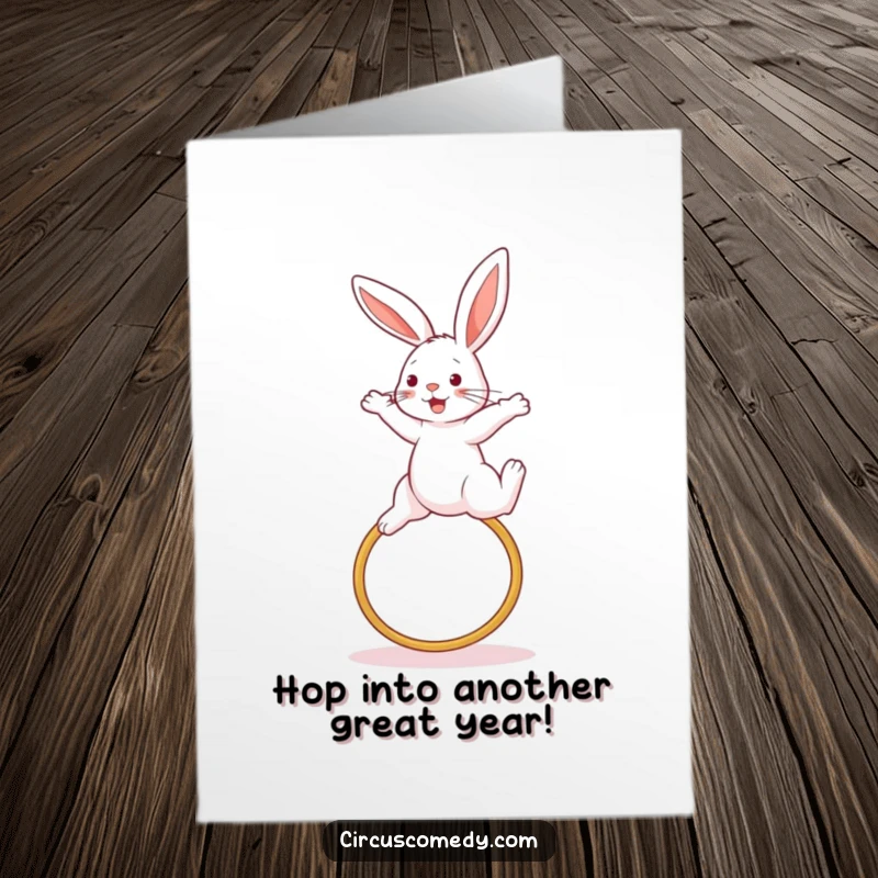 Funny Free Printable Birthday Card: Playful rabbit mid-air, soaring gracefully over a hoop with exuberant birthday energy, downloadable.