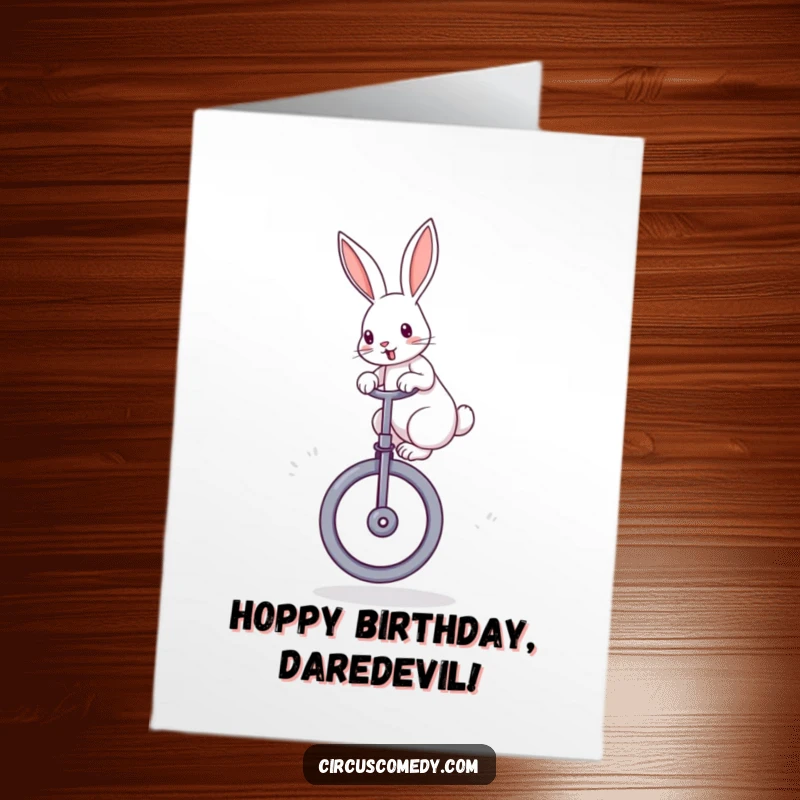Funny Free Printable Birthday Card: A determined rabbit balances perfectly on a large unicycle, ears perked with birthday joy.