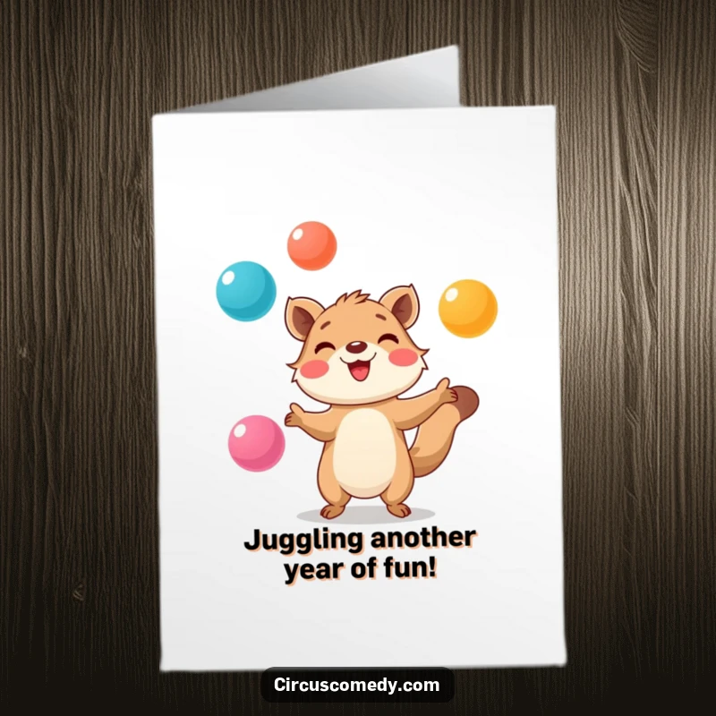 Funny Free Printable Birthday Card: Smiling animal juggling multiple colorful balls with intense focus and a cheerful demeanor.