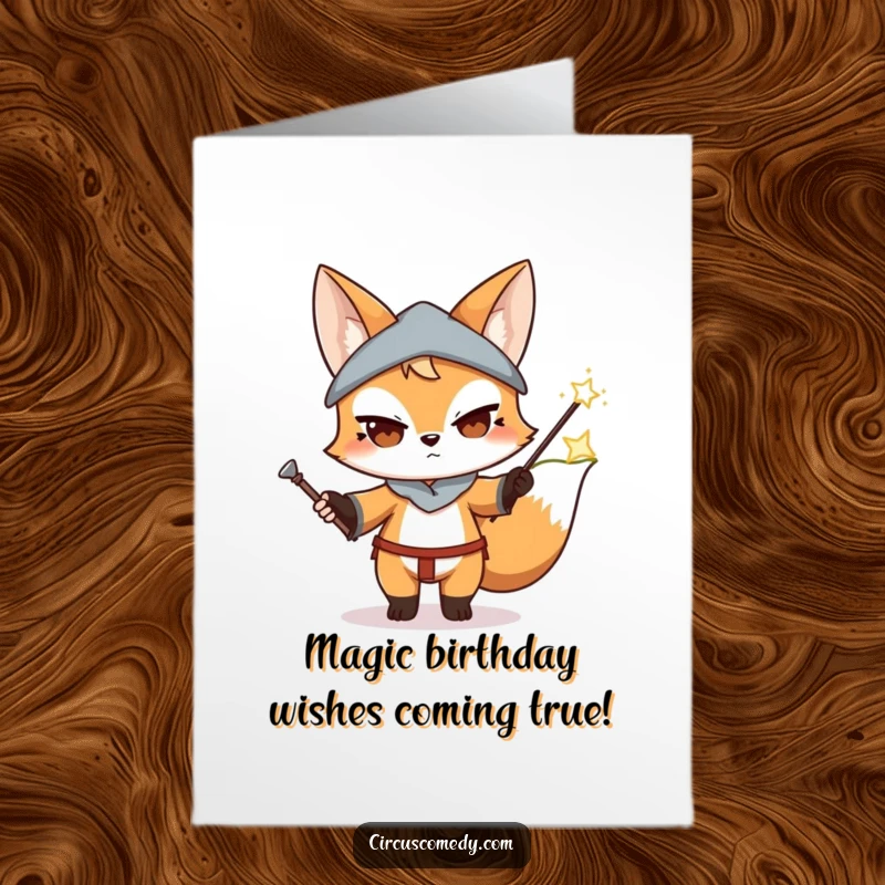 Funny Free Printable Birthday Card: Determined fox character performing a magic trick with a wand.
