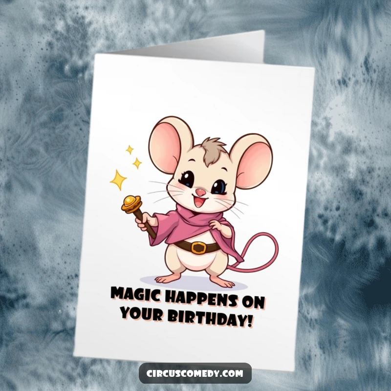 Funny Free Printable Birthday Card: Brave mouse conjures magic with a wand, celebrating birthdays with a whimsical trick.
