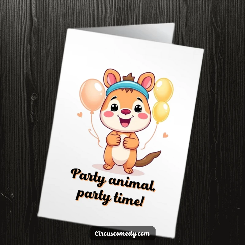 Funny Free Printable Birthday Card: Energetic animal with a huge smile, expertly twisting balloons into animal shapes for a festive party.