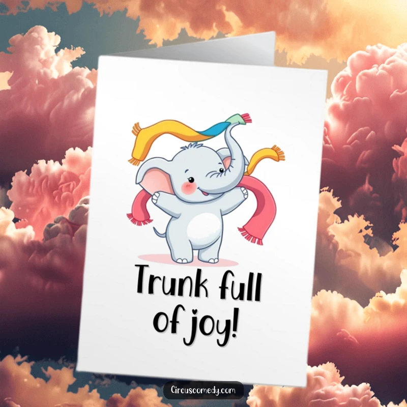Funny Free Printable Birthday Card: A joyful elephant cheerfully juggling multiple colorful scarves with its trunk, celebrating.