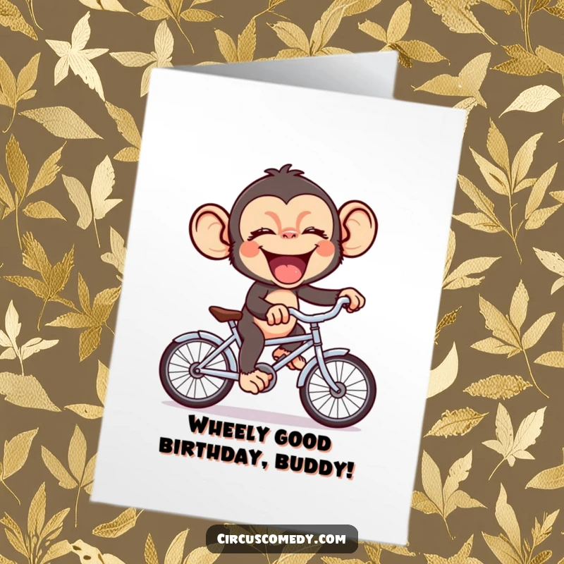 Funny Free Printable Birthday Card featuring a giggling chimp joyfully riding a tiny bicycle, spreading cheer and birthday wishes.