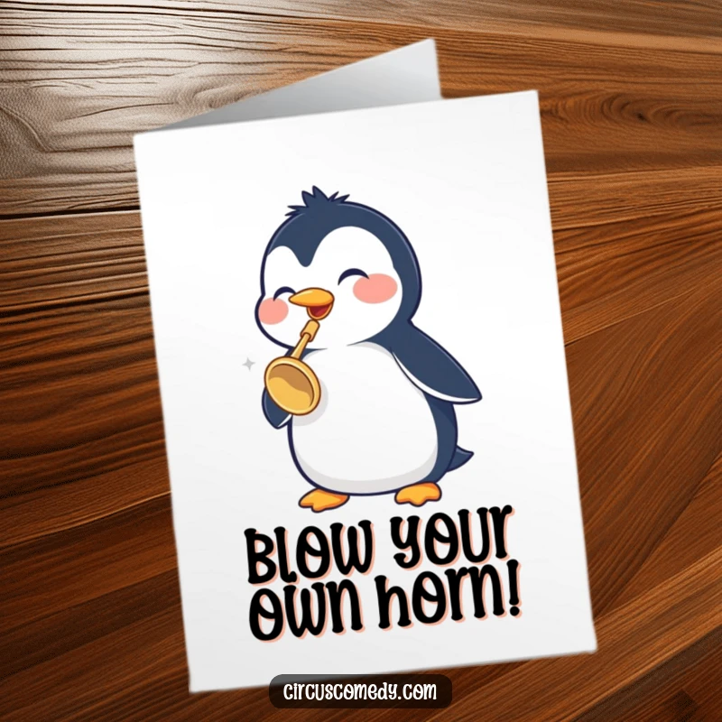 Funny Free Printable Congratulations Card: A cheerful penguin enthusiastically plays a tiny trumpet, announcing good news.