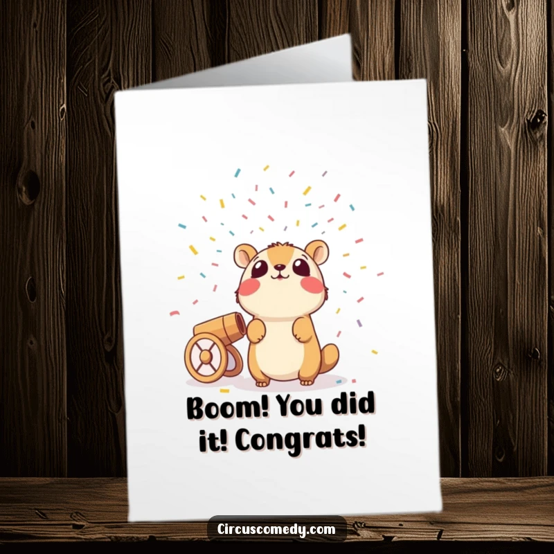 Funny Free Printable Congratulations Card: An animal stunned by a confetti cannon, celebrating a huge win with surprise.