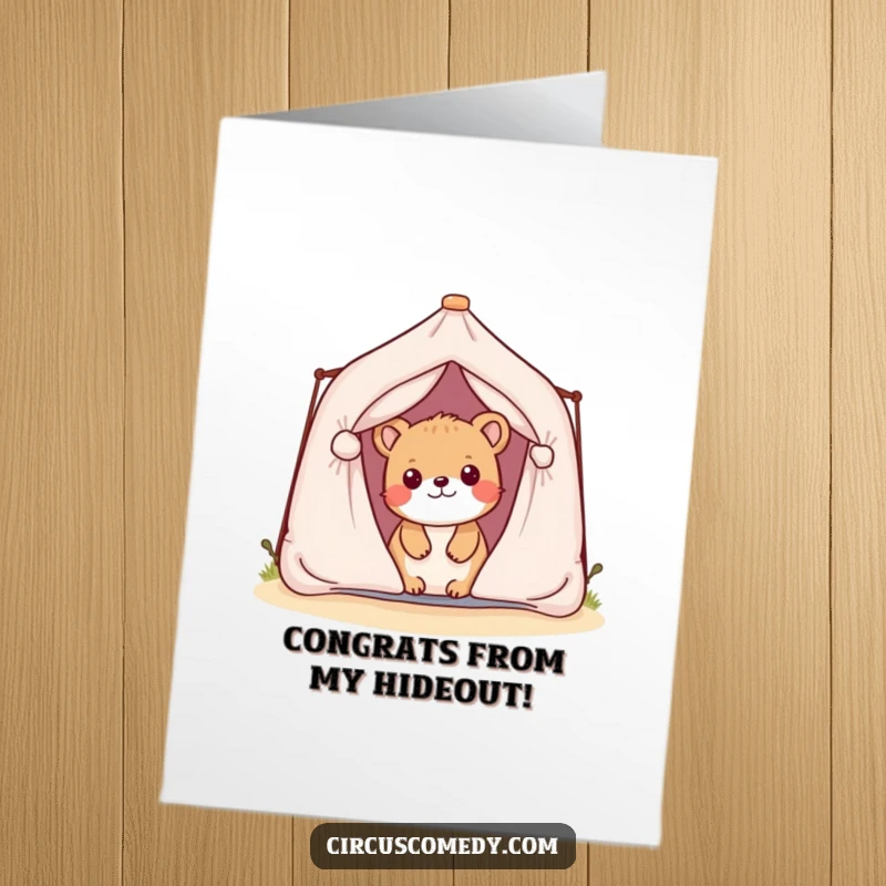 Funny Free Printable Congratulations Card: A cute animal peeks from a miniature tent, celebrating a new journey.