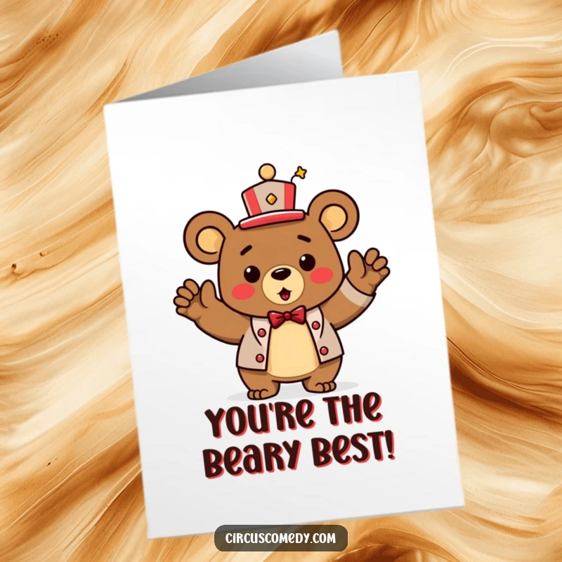 Funny Free Printable Bear Congratulations Card: A triumphant bear in a ringmaster hat takes a bow, celebrating a major win.