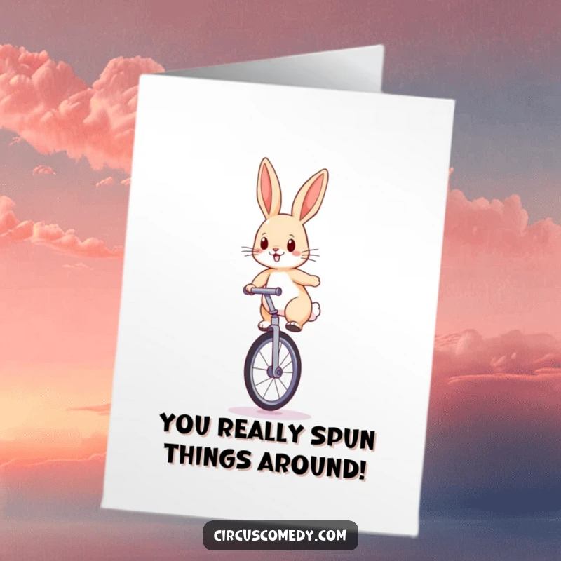 Funny Free Printable Congratulations Card: Determined rabbit on a unicycle, celebrating a big win with ears perked.