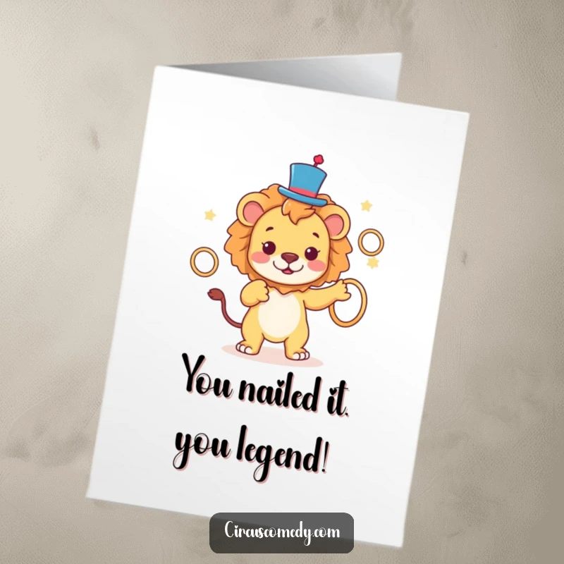 Funny Free Printable Lion Congratulations Card: A playful lion in a dapper top hat juggles rings, celebrating a fantastic achievement.