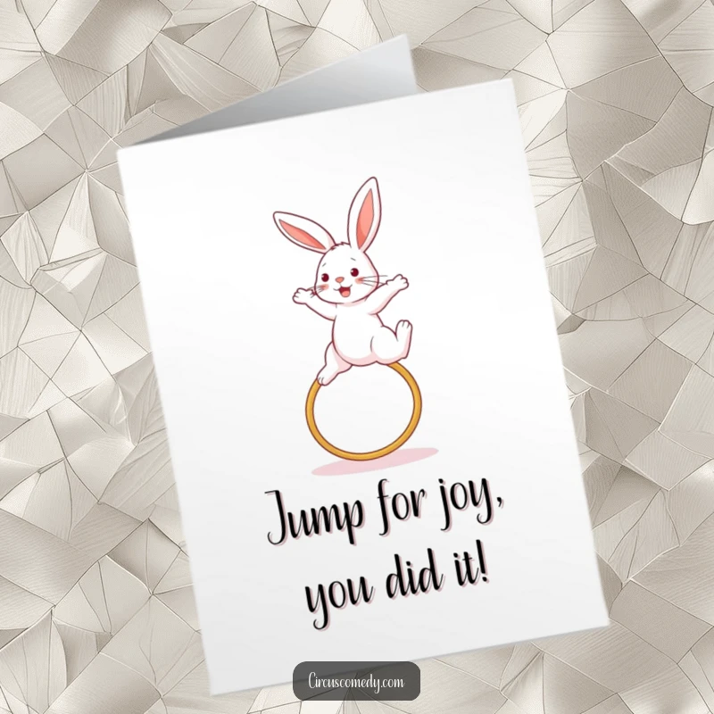 Funny Free Printable Congrats Card: Energetic rabbit clearing a hoop in a high jump, symbolizing success and achievement, downloadable.