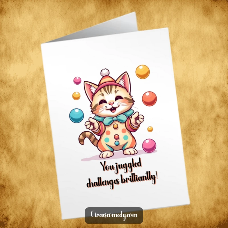 Funny Free Printable Congratulations Card: Delighted cat in a clown costume juggles multiple colorful balls.