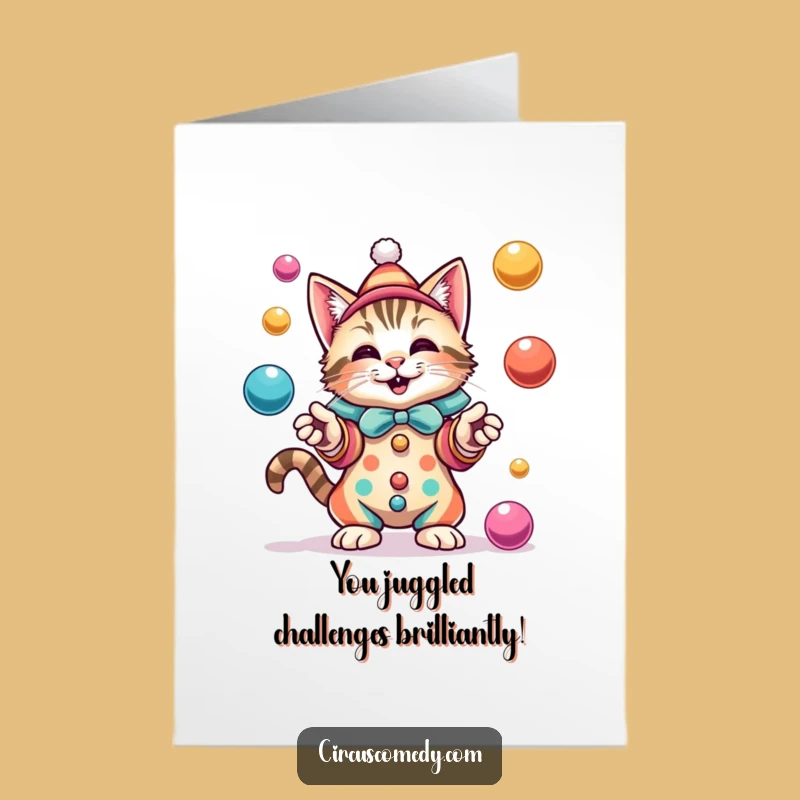 Whimsical Free Printable Congratulations Card: Juggling Cat Clown for Cheerful Wins